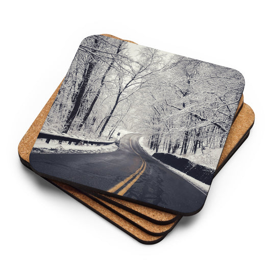 Winter Forest Road Cork-Back Coaster
